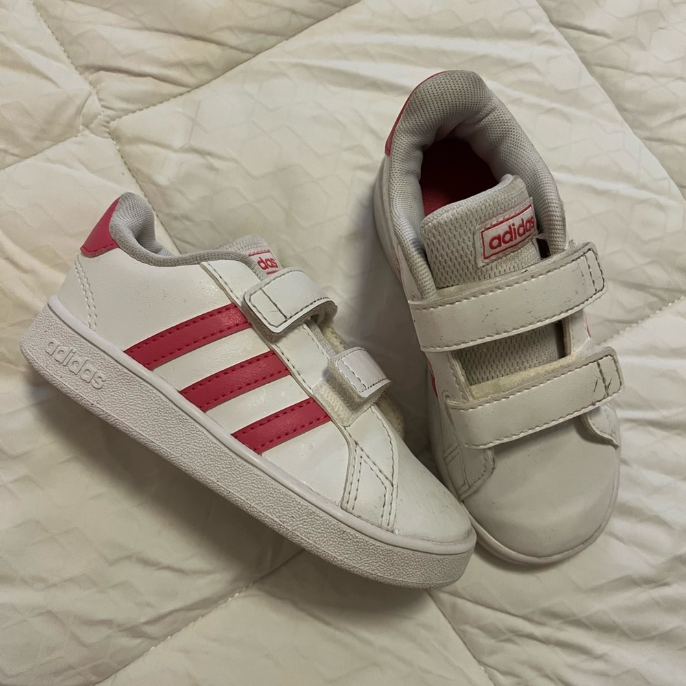 adidas Kids White and Pink Velcro Sneakers